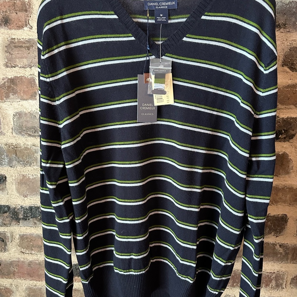 Daniel Cremieux Men's Striped Sweater - Navy, Green and White - M
